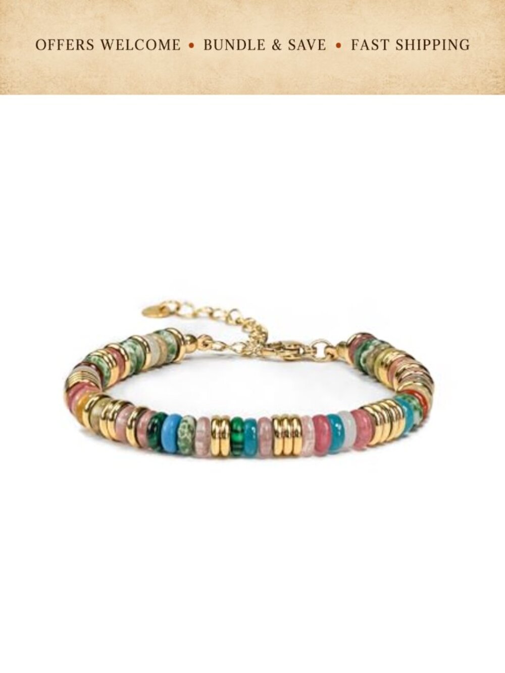 18K Gold Plated Beaded Stone Bracelet with Extension Stackable Bangle